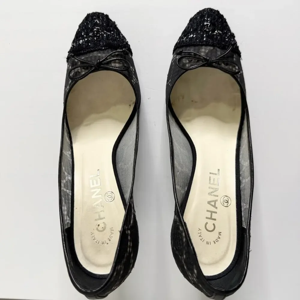 Chanel Black Mesh Tweed Cap Toe Bow Pumps Heels 37.5